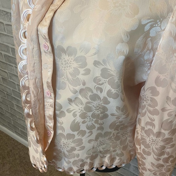 Anne Crimmins Long Sleeve Scalloped Floral Print Satin Blouse Pink Women's 14 - Picture 3 of 6